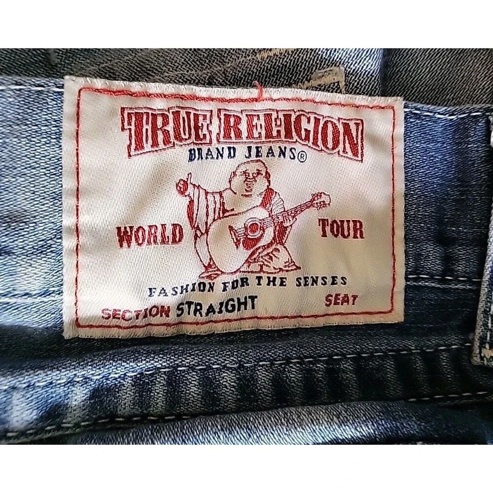 True Religion Jeans Men Size 40 Blue Distress Thick Stitch Flap Back Pockets